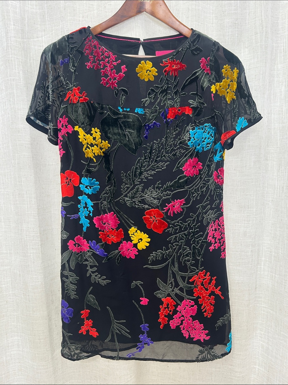 Maeve By Anthropologie Black Floral Velvet Burnout Short Sleeve Dress